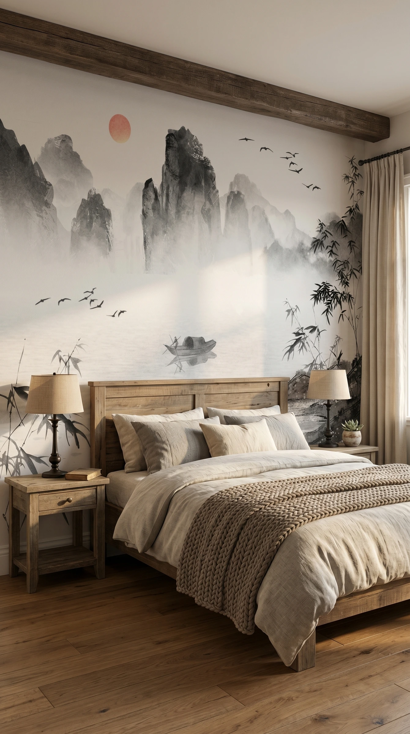 Papel de colgadura Jiang con paisaje oriental en habitación principal moderna - Hot Dog Walls