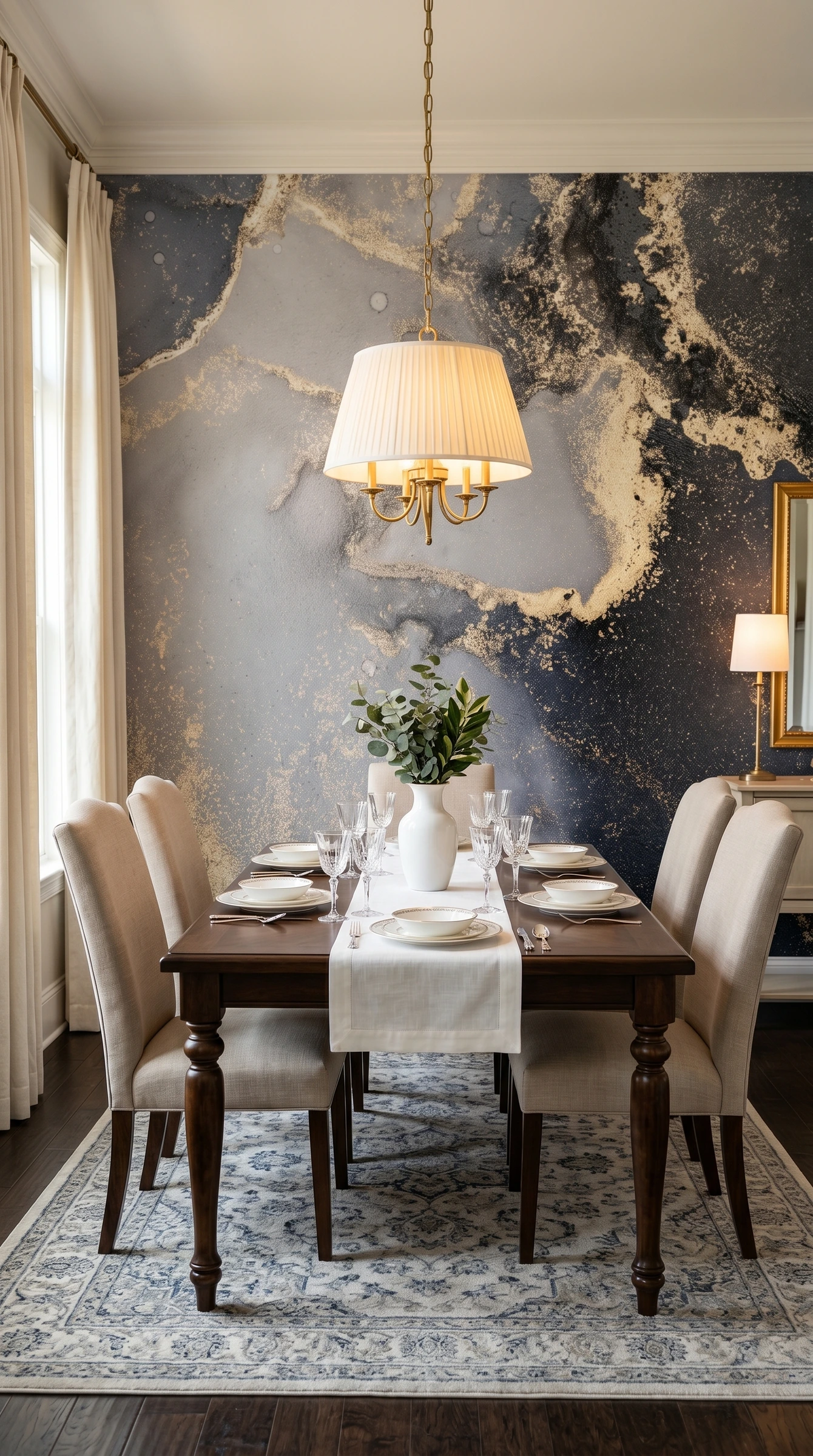 Papel tapiz Marble Ink efecto mármol veteado en comedor moderno - Hot Dog Walls