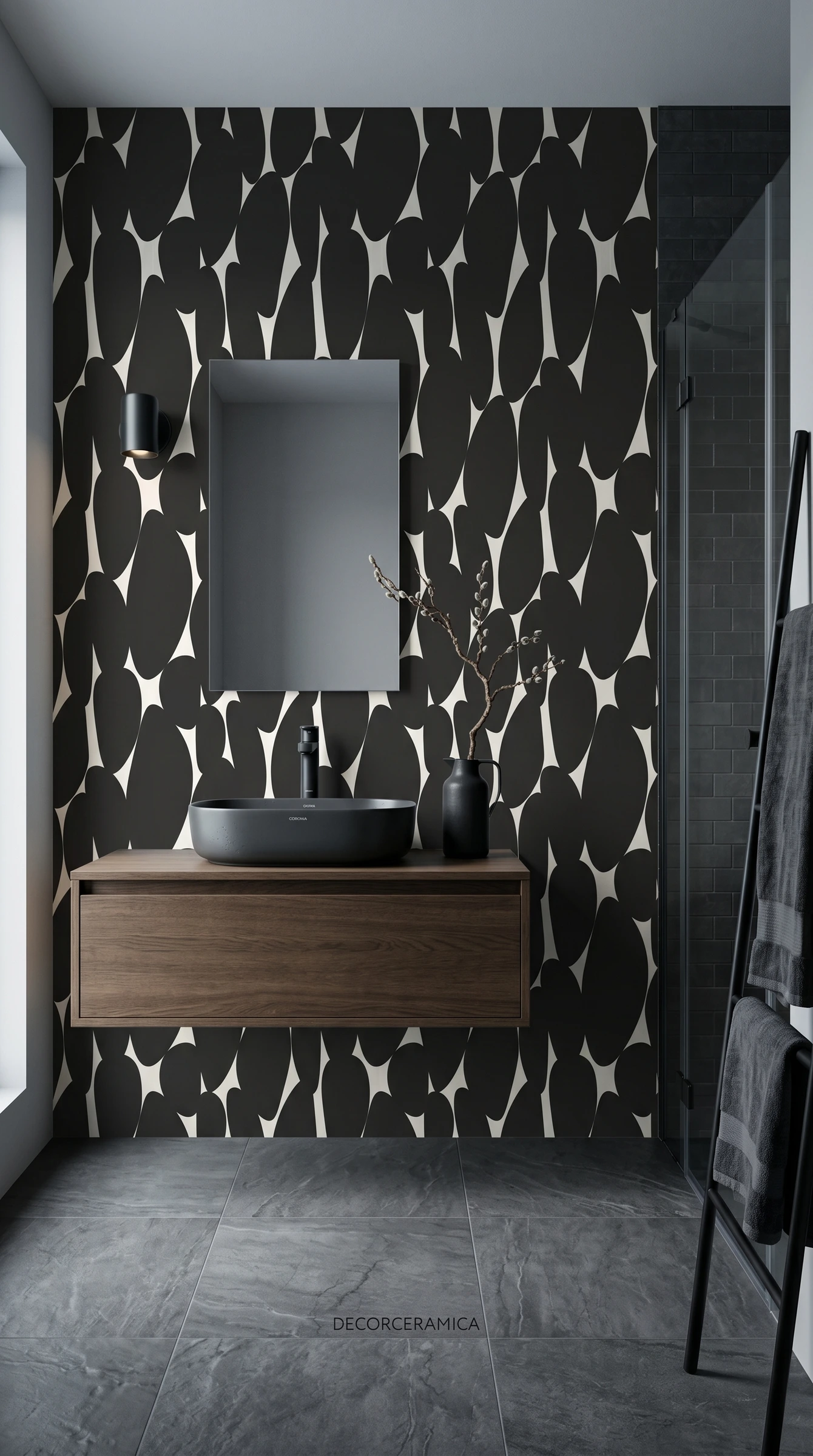 Papel de colgadura Stones efecto piedra natural en baño tipo spa con plantas y madera - Hot Dog Walls