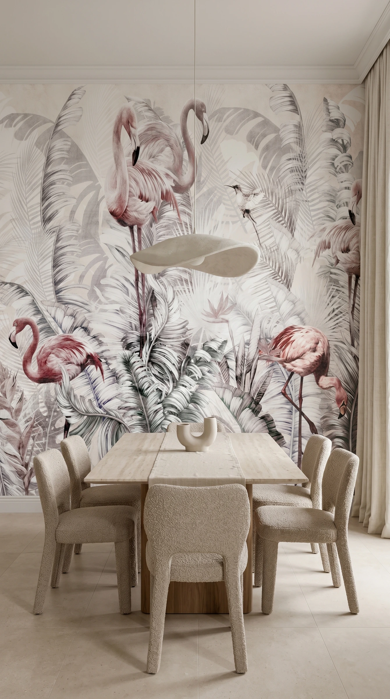 Papel tapiz Flamingo Rose con flamencos tropicales en sala-comedor moderna